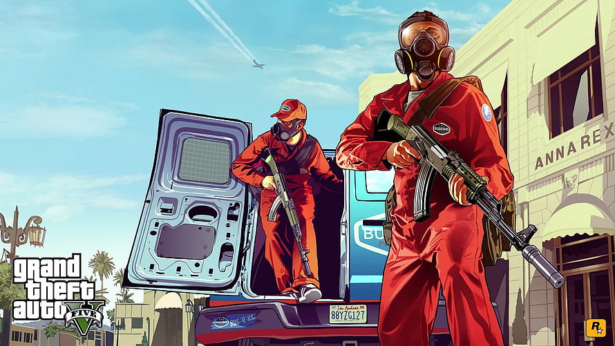 Grand Theft Auto V Bomb Squad Artwork with Armed Characters in Red Suits HD wallpaper