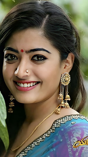 Portrait of a smiling woman wearing traditional Indian jewelry and a blue saree, Rashmika mandanna, telugu actress HD phone wallpaper