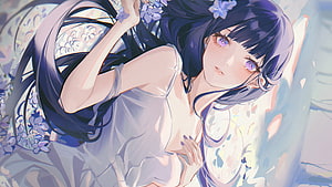 Raiden Shogun Lying Down in White Dress with Purple Flowers Genshin Impact Anime Art HD wallpaper