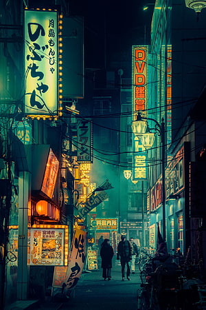 Moody Tokyo Alleyway at Night with Glowing Neon Signs and Pedestrians HD phone wallpaper