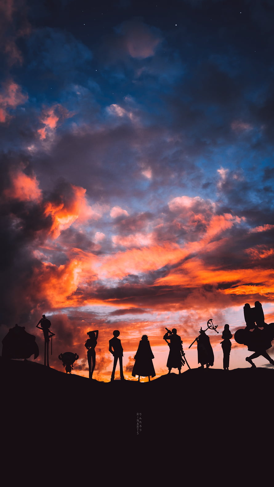 Silhouette of the Straw Hat Crew standing on a hill against a dramatic sunset sky with vibrant orange and blue clouds HD phone wallpaper