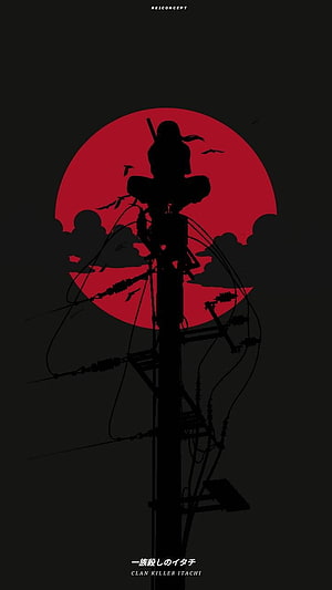 Itachi Uchiha Silhouette Perched on Power Pole Against Red Sun HD phone wallpaper