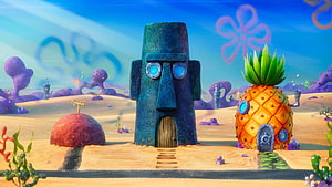SpongeBob SquarePants Movie 3D Scene with SpongeBob's Pineapple House and Squidward's Easter Island Head HD wallpaper