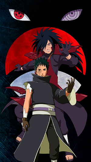 Madara Uchiha and Obito Uchiha in Akatsuki Robes with Sharingan and Rinnegan Eyes HD phone wallpaper