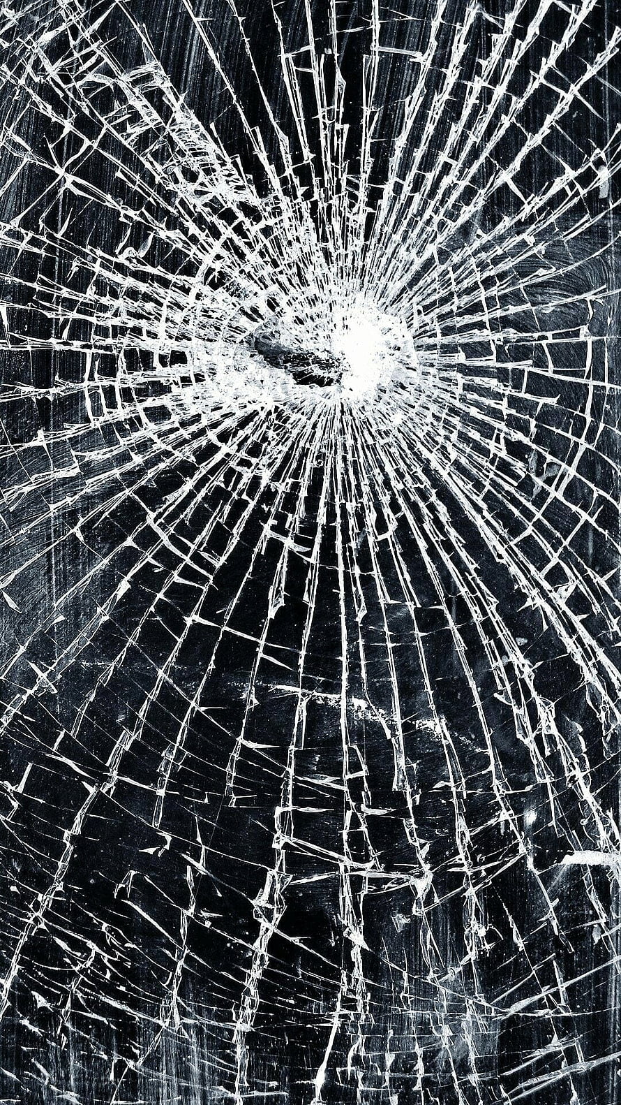 Dramatic Black and White Shattered Glass Texture with Radiating Fracture Lines HD phone wallpaper