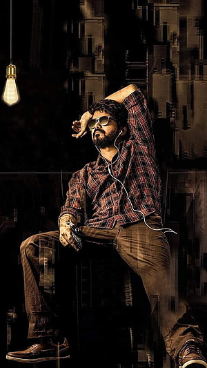 Allu Arjun in Plaid Shirt and Sunglasses Listening to Music with Headphones HD phone wallpaper