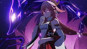 Yae Miko from Genshin Impact in a mystical purple and pink fantasy setting HD wallpaper