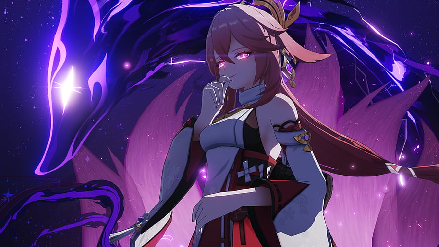 Yae Miko from Genshin Impact in a mystical purple and pink fantasy setting HD wallpaper