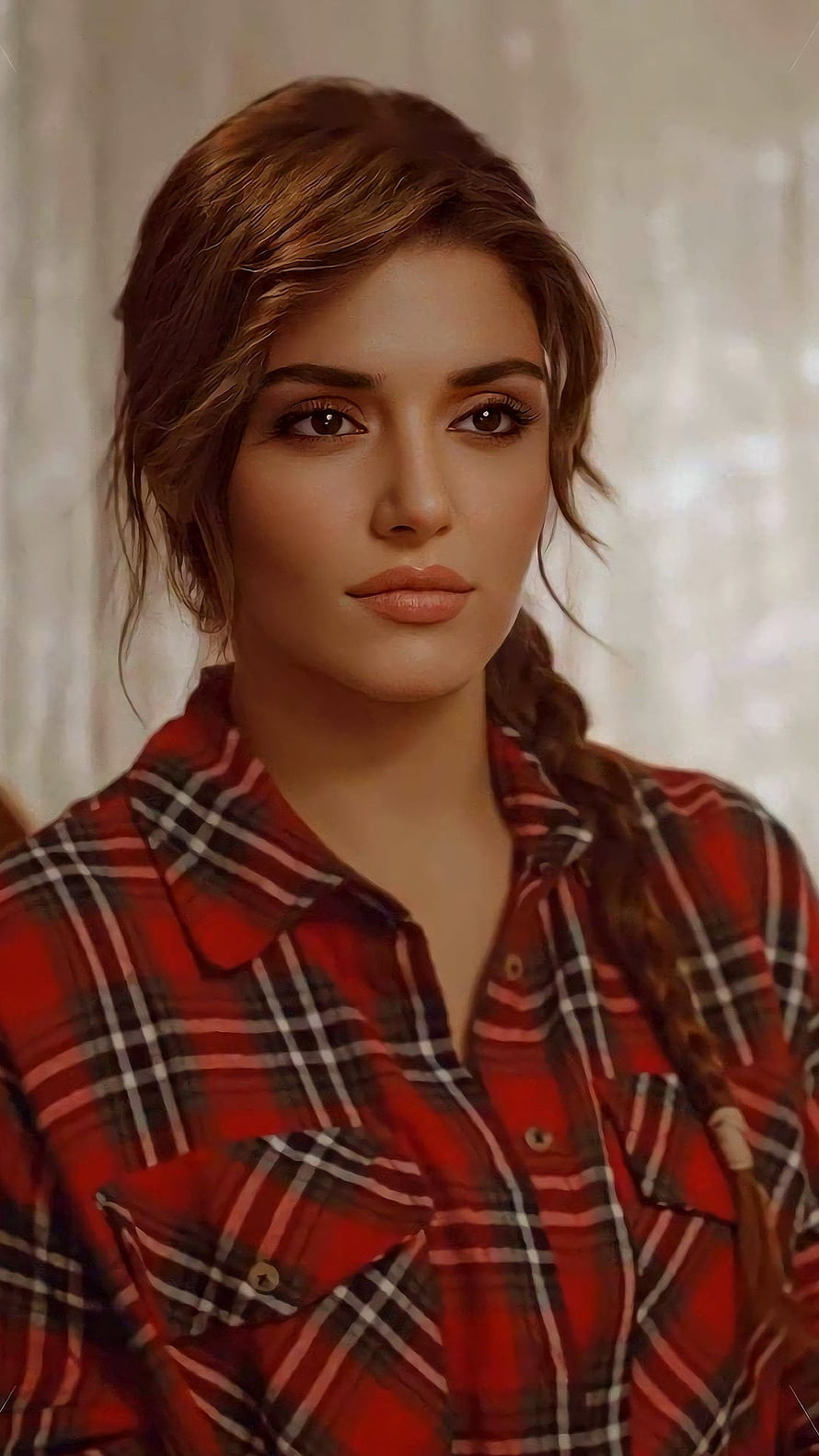 Hande Erçel Portrait in Red Plaid Shirt with Braided Hair HD phone wallpaper