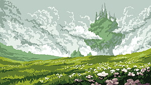 Pixel Art Green Valley Landscape With Distant Castle And Cloudy Sky HD wallpaper