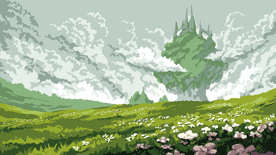 Pixel Art Green Valley Landscape With Distant Castle And Cloudy Sky HD wallpaper