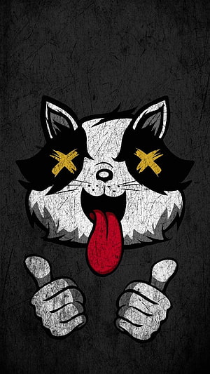Cartoon Cat With X Eyes And Thumbs Up On Dark Grunge Background HD phone wallpaper