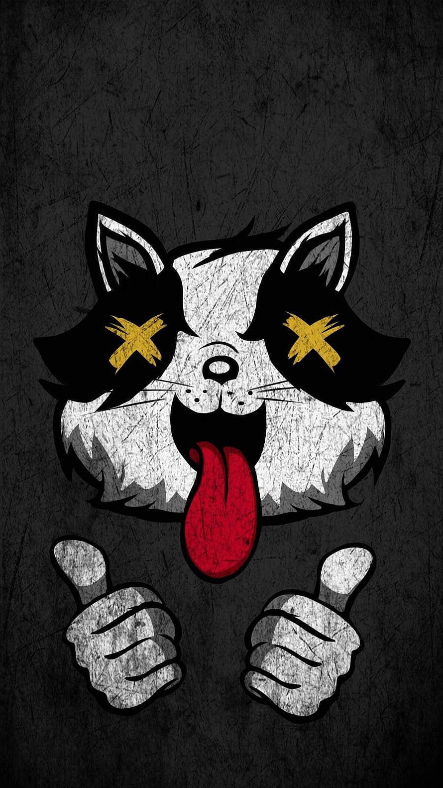 Cartoon Cat With X Eyes And Thumbs Up On Dark Grunge Background HD phone wallpaper