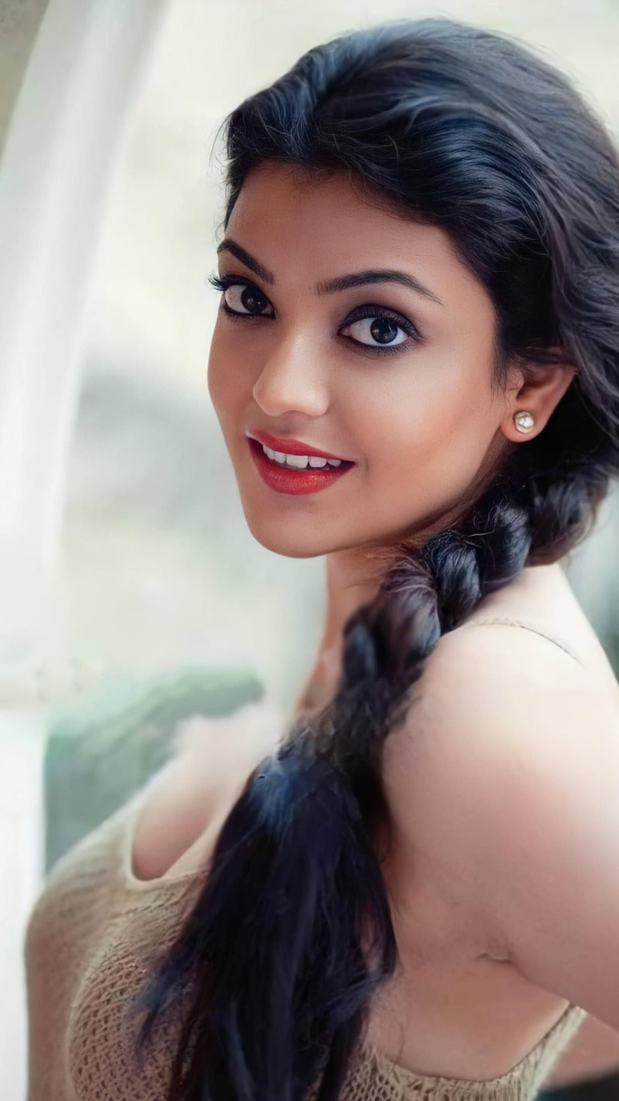 Kajal Aggarwal Portrait With Braided Hair And Red Lipstick HD phone wallpaper