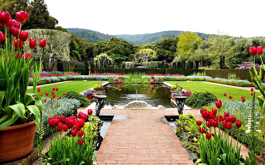 Formal Garden With Red Tulips, Brick Path, and Central Fountain Pond HD wallpaper