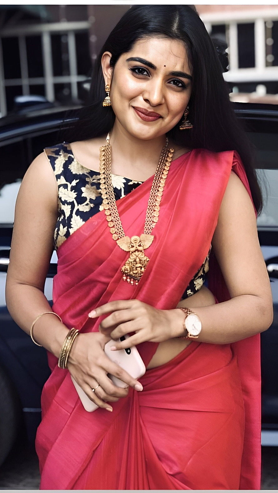 Nivetha Thomas in a vibrant pink saree with gold jewelry and floral blouse HD phone wallpaper