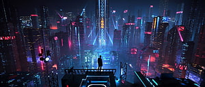 Silhouette of a person standing on a rooftop overlooking a futuristic cyberpunk cityscape with neon lights HD wallpaper