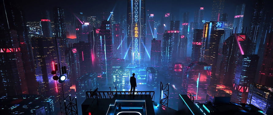 Silhouette of a person standing on a rooftop overlooking a futuristic cyberpunk cityscape with neon lights HD wallpaper