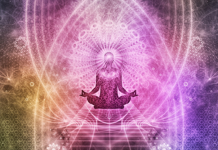 Meditating Figure with Radiant Chakra Aura and Sacred Mandala Energy HD wallpaper