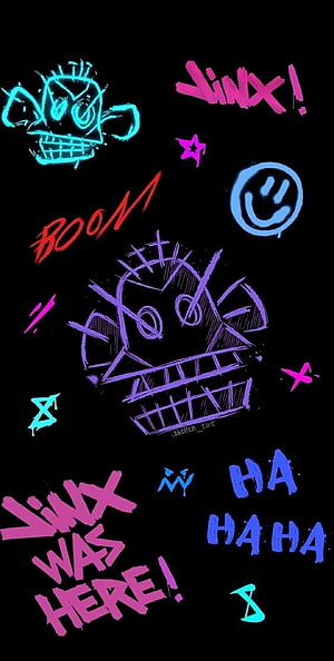 Neon Graffiti Skulls and Jinx Text on Black Background HD phone wallpaper