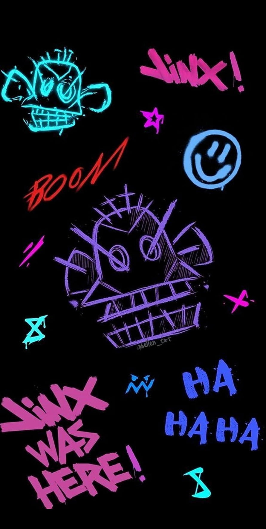 Neon Graffiti Skulls and Jinx Text on Black Background HD phone wallpaper