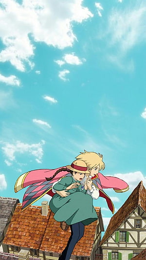 Howl's Moving Castle Anime Scene of Characters Flying Over European Town Roofs HD phone wallpaper