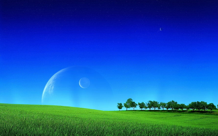 Surreal Fantasy Landscape With Green Rolling Hills, Distant Trees, And A Large Planet In A Deep Blue Night Sky HD wallpaper