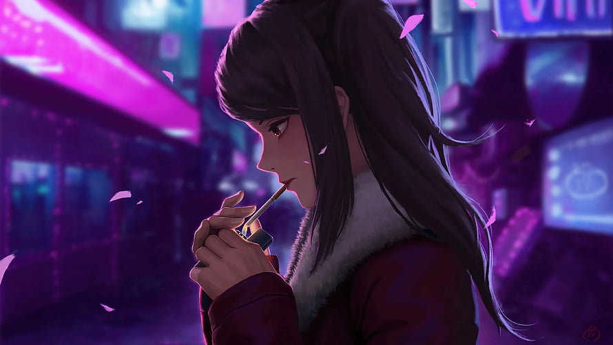 Anime Girl Smoking Cigarette in Neon Purple Cyberpunk City HD wallpaper