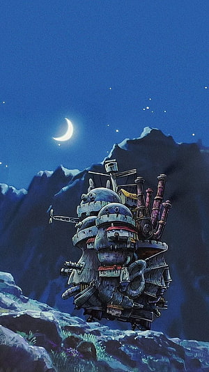 Howl's Moving Castle at Night - Studio Ghibli Animated Wallpaper HD phone wallpaper