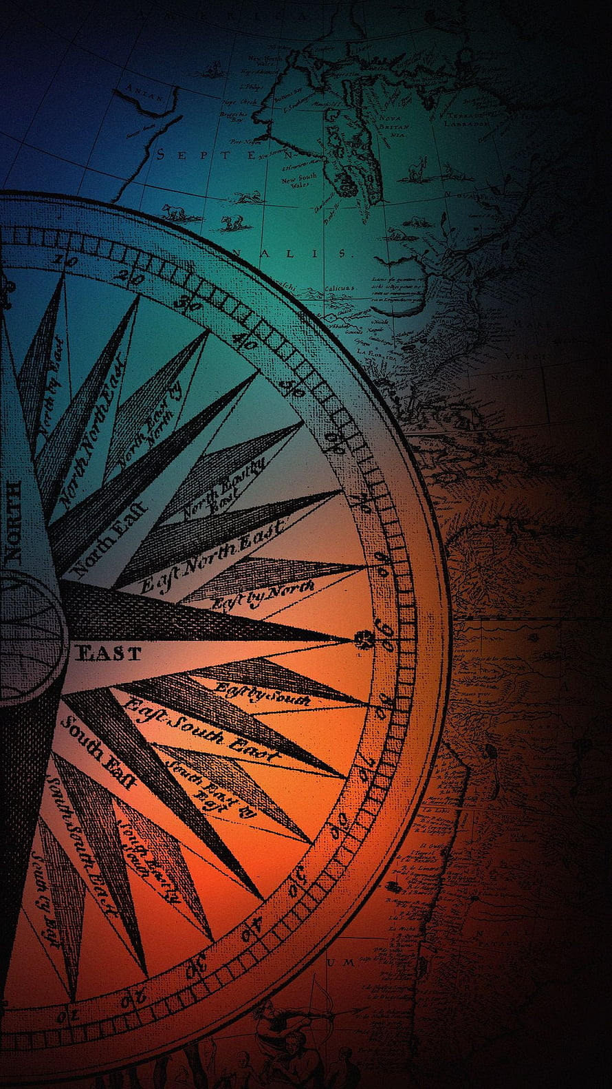 Vintage Compass Rose Overlay on Antique World Map with Gradient Lighting HD phone wallpaper