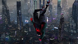 Miles Morales swinging upside down through a futuristic neon city skyline at night HD wallpaper