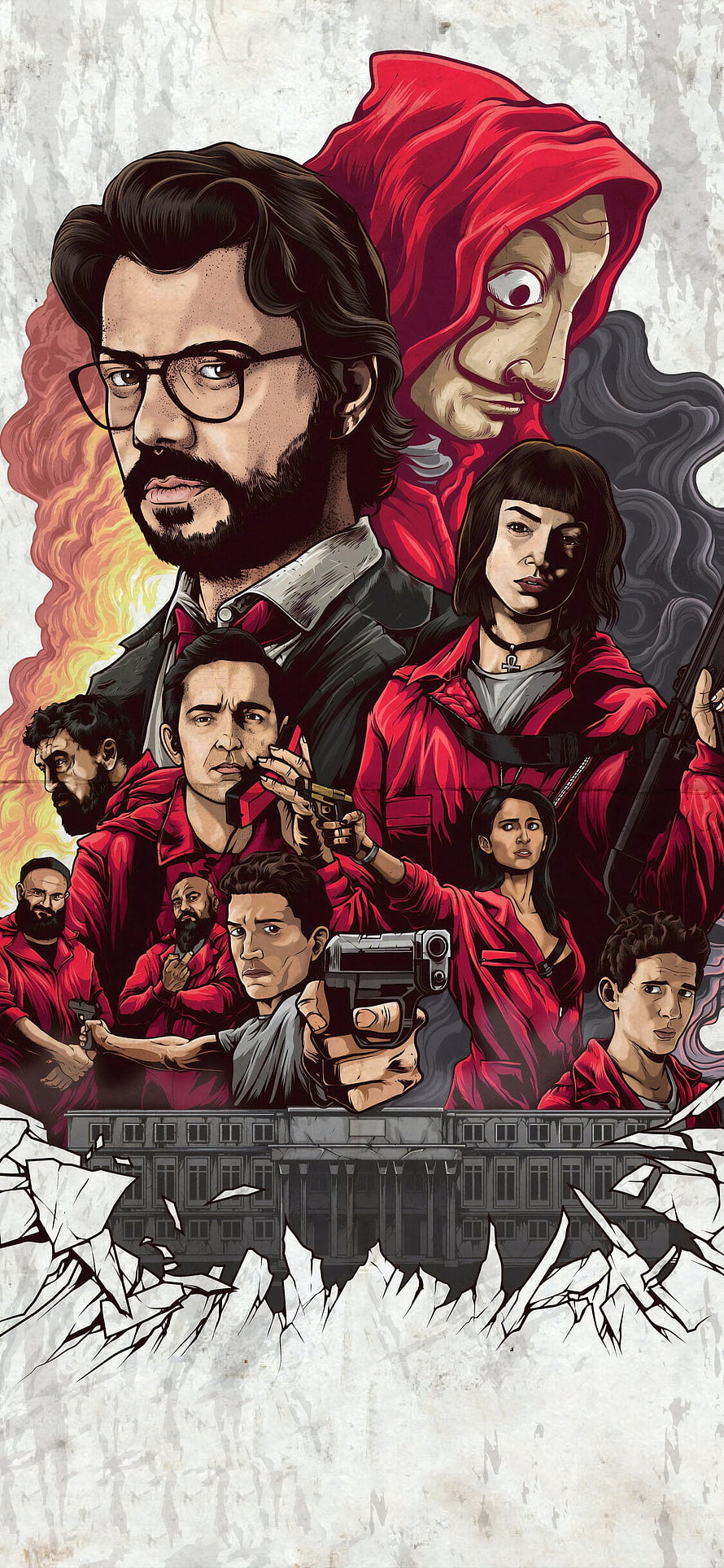 Money Heist Characters in Red Jumpsuits and Salvador Dali Mask Illustration HD phone wallpaper