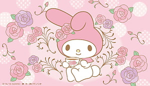 Cute My Melody Sanrio Character Drinking Tea Surrounded by Pink Roses and Floral Vines HD wallpaper