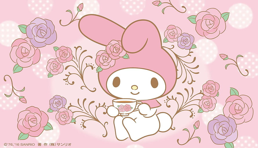 Cute My Melody Sanrio Character Drinking Tea Surrounded by Pink Roses and Floral Vines HD wallpaper