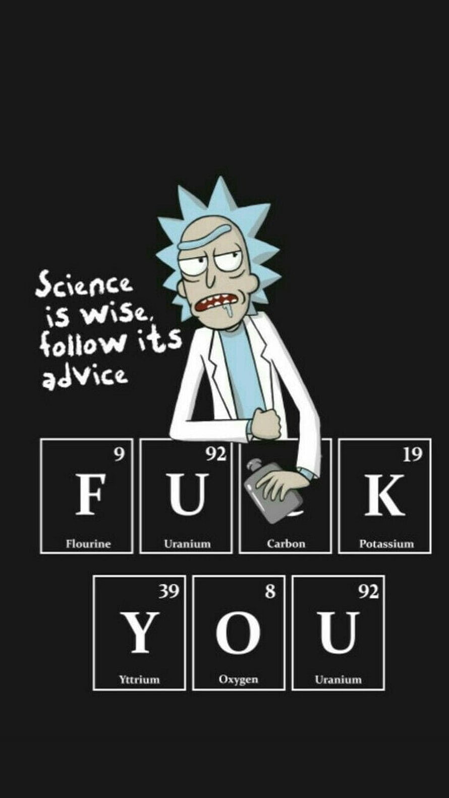 Rick Sanchez Leaning on Periodic Table Elements Spelling Fuckyu with Science Quote HD phone wallpaper