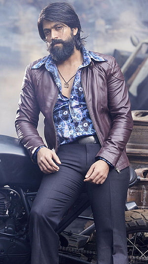 Yash as Rocky Bhai in KGF Chapter 1 Leather Jacket and Patterned Shirt Portrait HD phone wallpaper