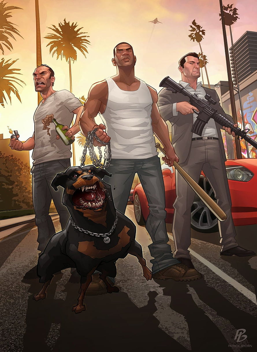 GTA V Franklin and Crew Comic Art with Rottweiler and Weapons on Sunset Street HD phone wallpaper