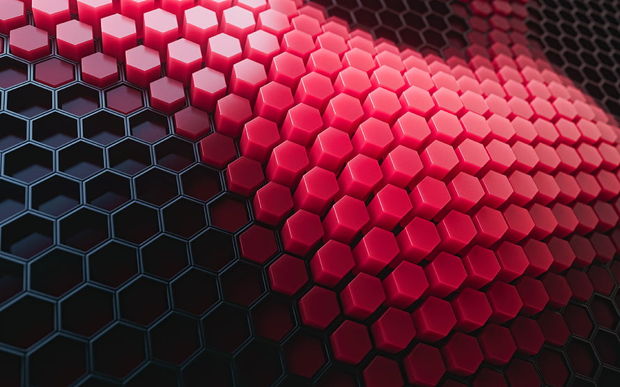 Abstract Red Hexagon Grid Pattern With 3D Geometric Shapes And Dark Background HD wallpaper