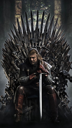 Eddard Stark Sitting on the Iron Throne with Sword and Raven HD phone wallpaper