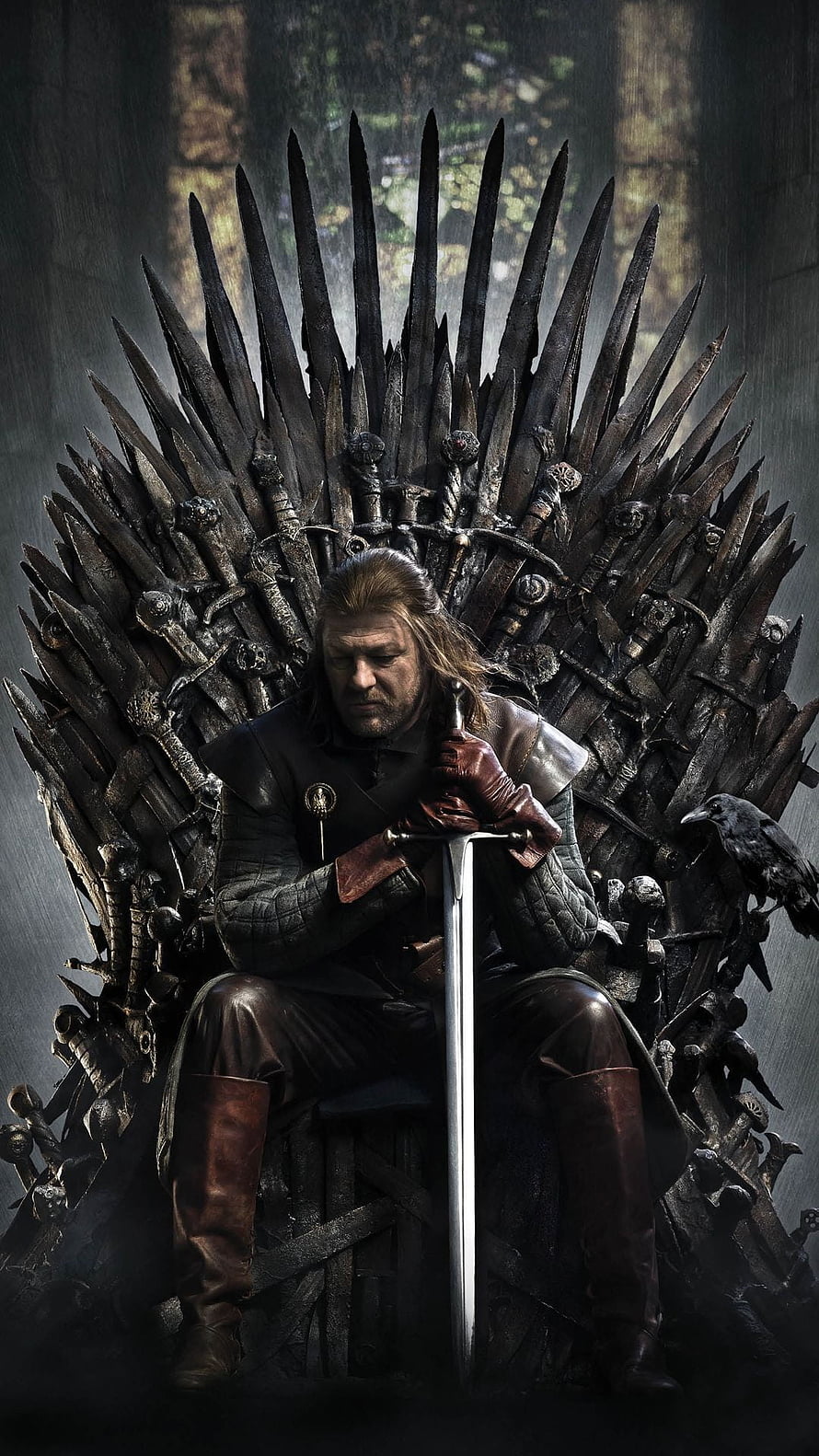 Eddard Stark Sitting on the Iron Throne with Sword and Raven HD phone wallpaper