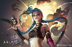 Jinx from Arcane holding a bomb with blue braided hair and a confident smile HD wallpaper
