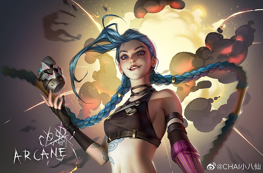 Jinx from Arcane holding a bomb with blue braided hair and a confident smile HD wallpaper