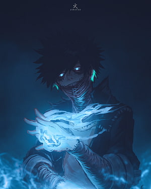 Dark Anime Character with Glowing Blue Eyes and Bandages Channeling Energy HD phone wallpaper