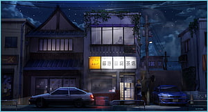 Cozy Anime Night Street with Traditional Japanese Shop and Parked Cars HD wallpaper