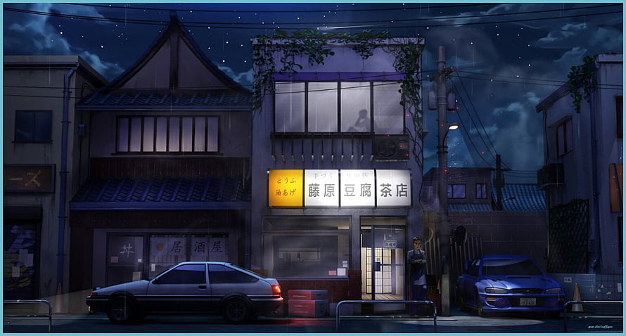 Cozy Anime Night Street with Traditional Japanese Shop and Parked Cars HD wallpaper
