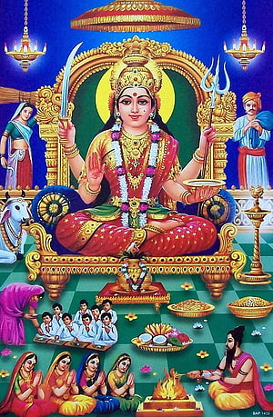Maa Santoshi Devi Seated on Golden Throne with Sword and Trident Surrounded by Devotees HD phone wallpaper