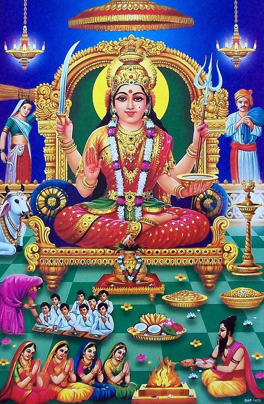 Maa Santoshi Devi Seated on Golden Throne with Sword and Trident Surrounded by Devotees HD phone wallpaper