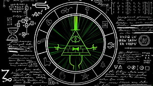 Bill Cipher from Gravity Falls in a glowing green triangle surrounded by cryptic symbols and equations HD wallpaper