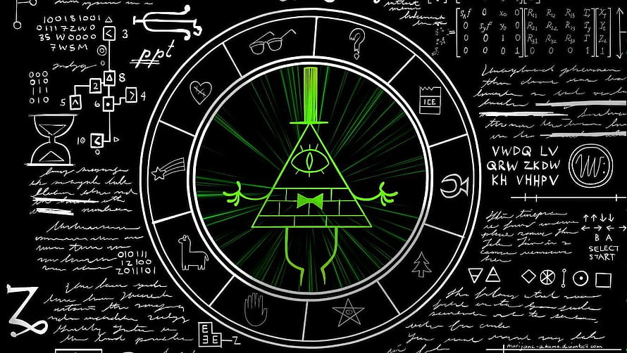 Bill Cipher from Gravity Falls in a glowing green triangle surrounded by cryptic symbols and equations HD wallpaper