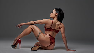 Elegant Woman in Red Lace Lingerie and High Heels Posing on Studio Floor, Model, girl, women, red HD wallpaper